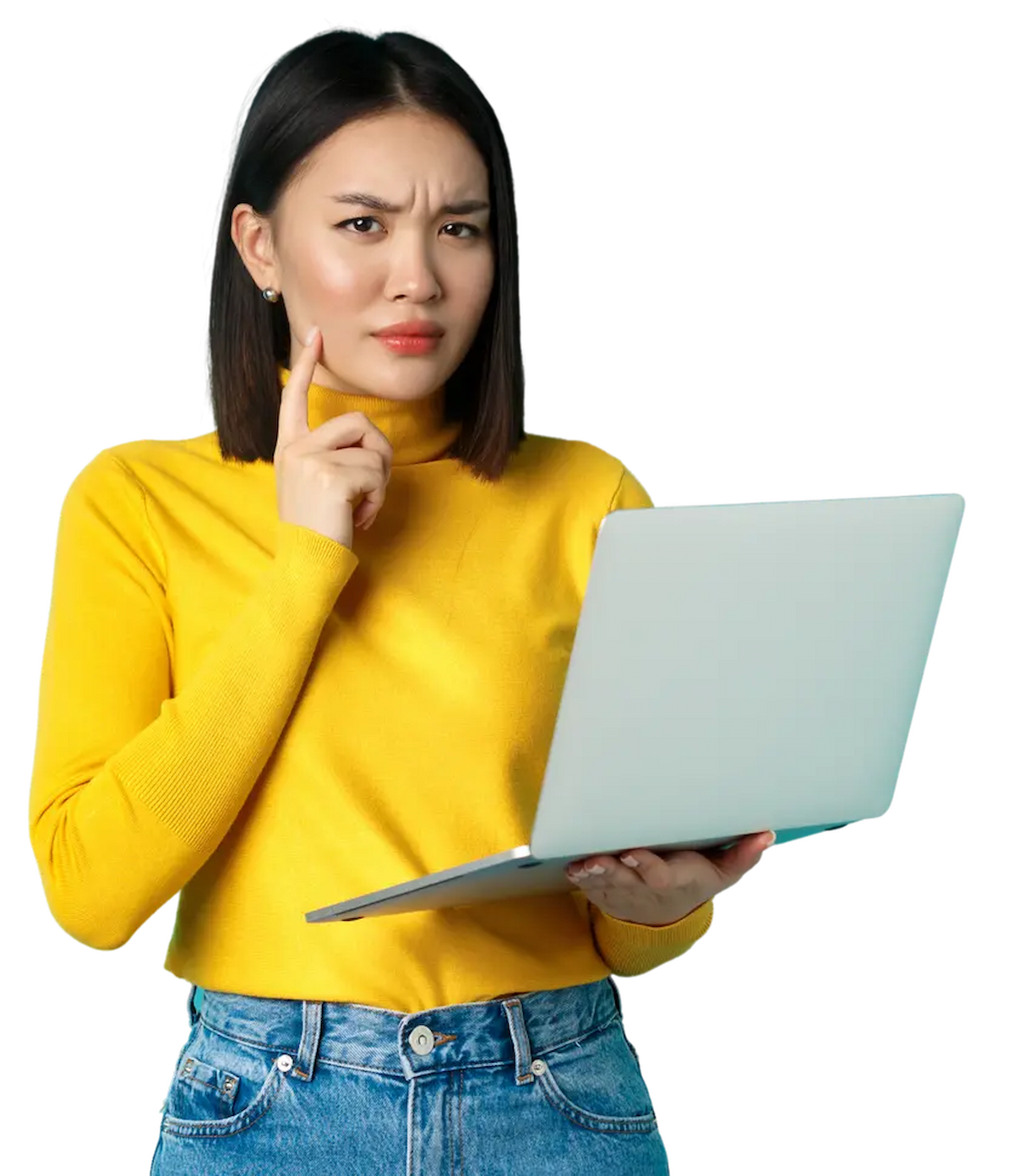 Girl holding laptop frowning and thinking hard